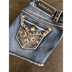 LA Idol USA Size Medium Denim Jean Shortie Shorts Distressed Raw Hem Festival